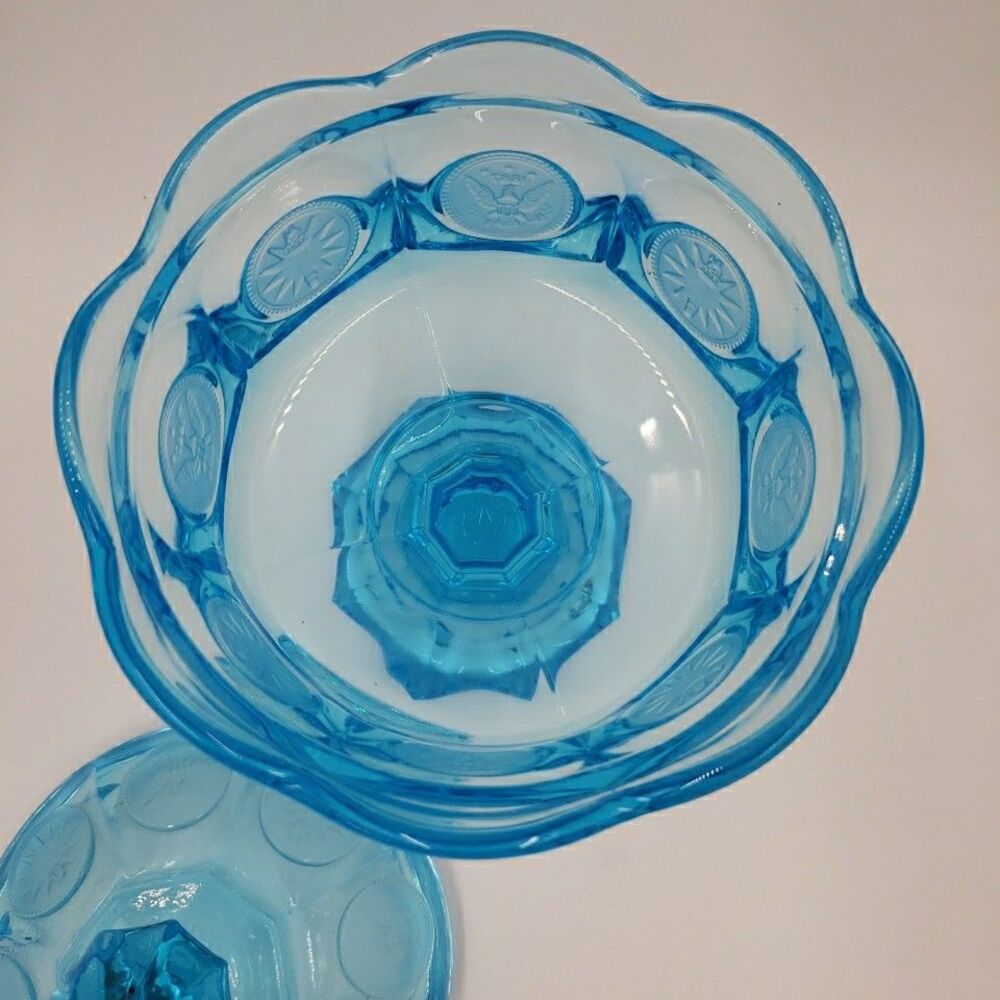 Fostoria Wedding Bowl with Lid Blue Glass Coin Medallion Covered Pedestal Dish - Picture 11 of 16